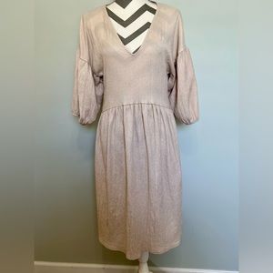 Zara Tan/Nude Sz-Small VNeck Midi Dress Puff Sleeve Textured Fabric Casual